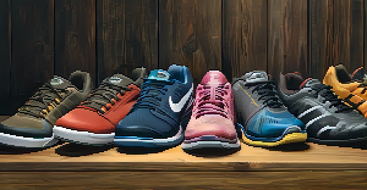 An overhead view of different powerlifting shoes placed on a wooden surface, alongside a measuring tape and weight plate.