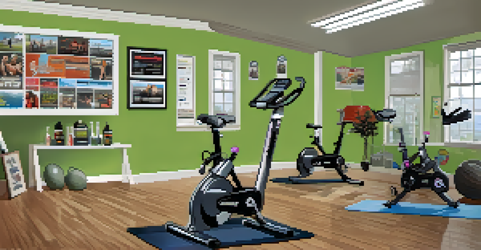 A powerlifter on a stationary bike in a bright gym, emphasizing relaxation and cardio training.