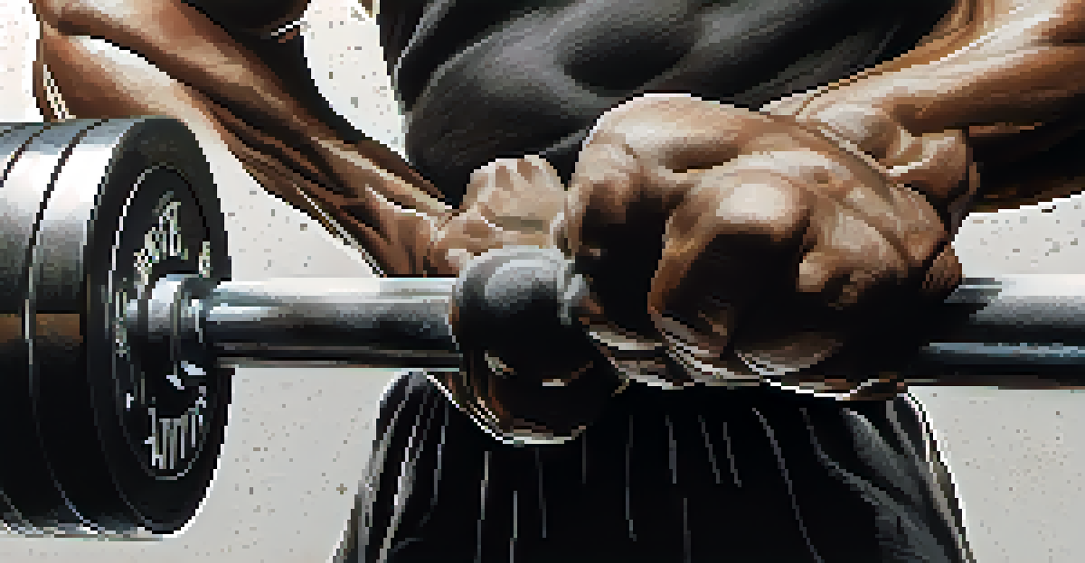 A close-up of a powerlifter's hands gripping a barbell, showcasing the texture of the hands and barbell under dramatic lighting.
