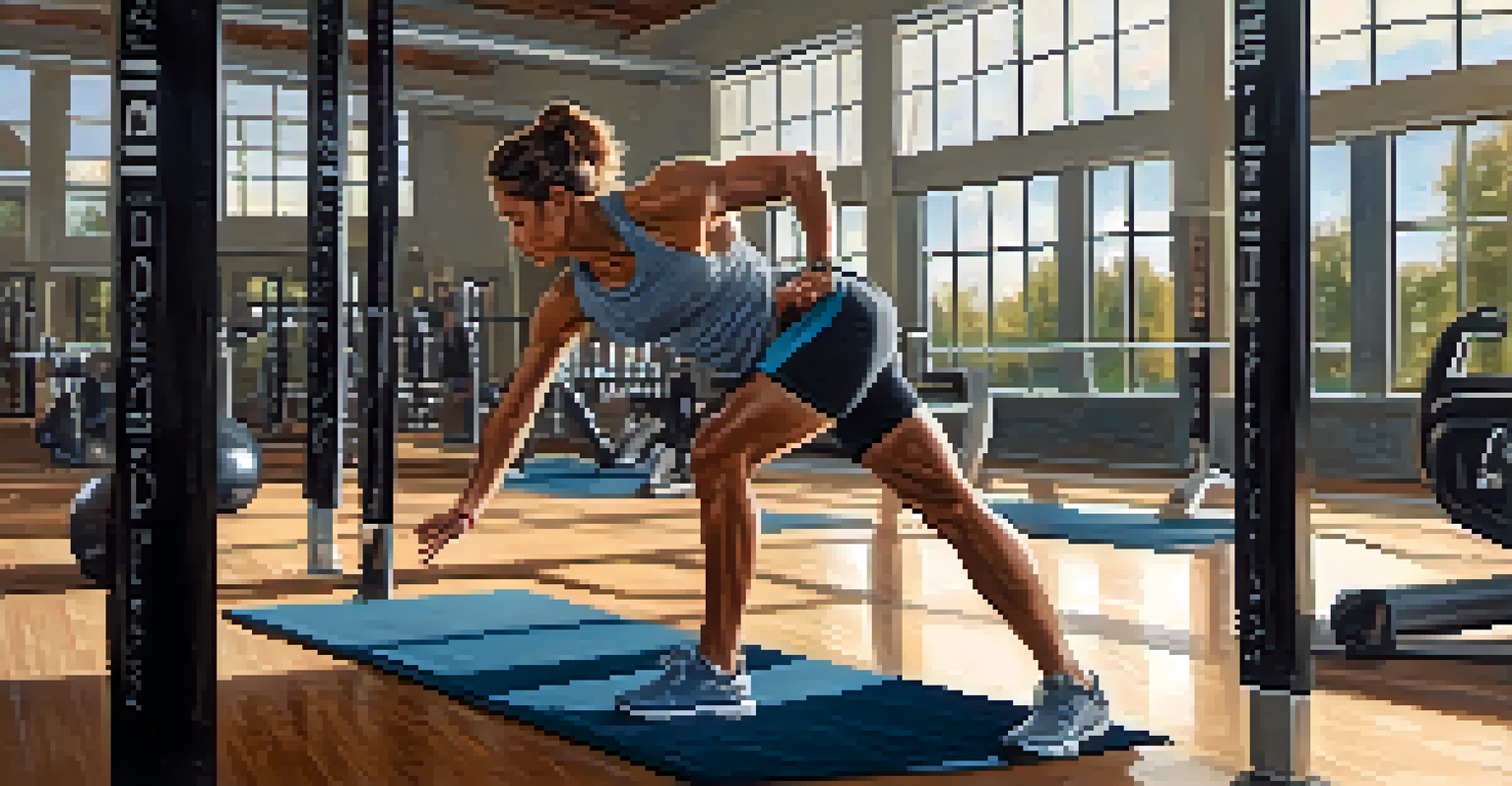 An athlete doing dynamic stretches in a gym, preparing for a powerlifting session.