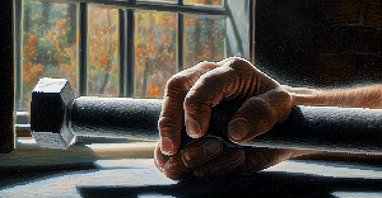 Close-up of hands gripping a chalk-covered barbell, with emphasis on the texture and details, set against a blurred background.