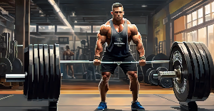 A muscular powerlifter performing a deadlift in a gym, focusing on their form with warm lighting and gym equipment in the background.