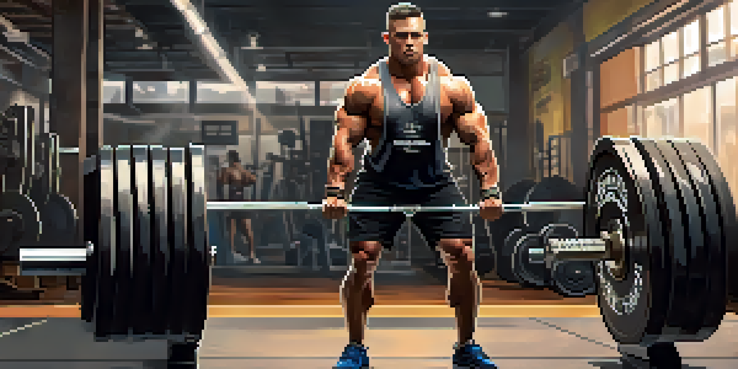 A muscular powerlifter performing a deadlift in a gym, focusing on their form with warm lighting and gym equipment in the background.
