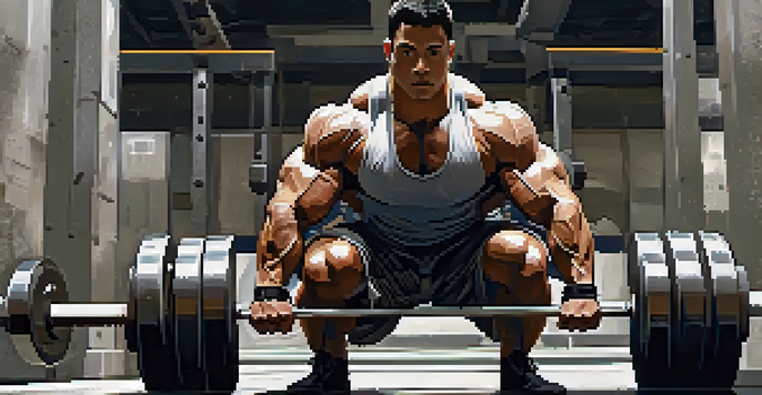 A powerlifter squatting under a heavily loaded barbell in a gym, showing intense focus and effort.