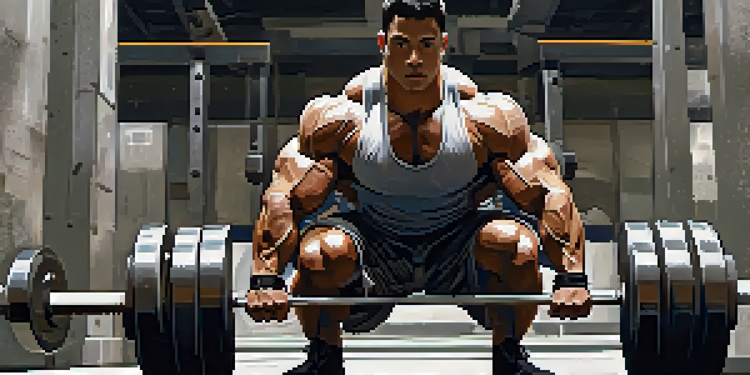 A powerlifter squatting under a heavily loaded barbell in a gym, showing intense focus and effort.