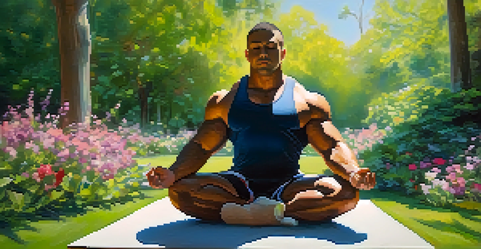 A powerlifter meditating in a peaceful park with greenery and flowers, symbolizing mental recovery.