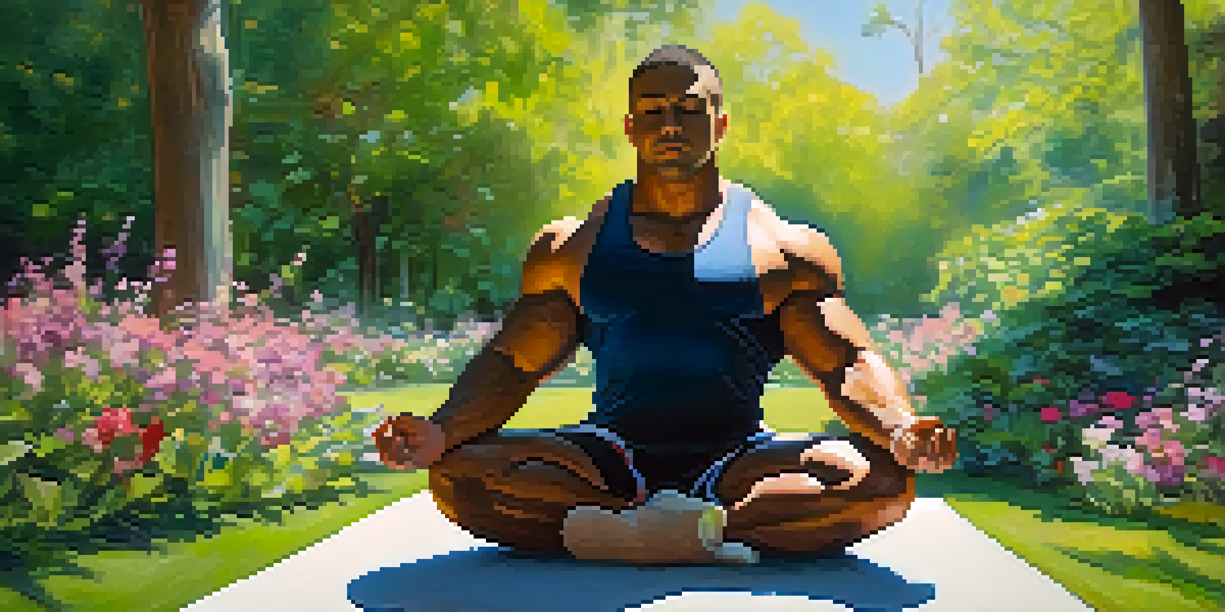 A powerlifter meditating in a peaceful park with greenery and flowers, symbolizing mental recovery.