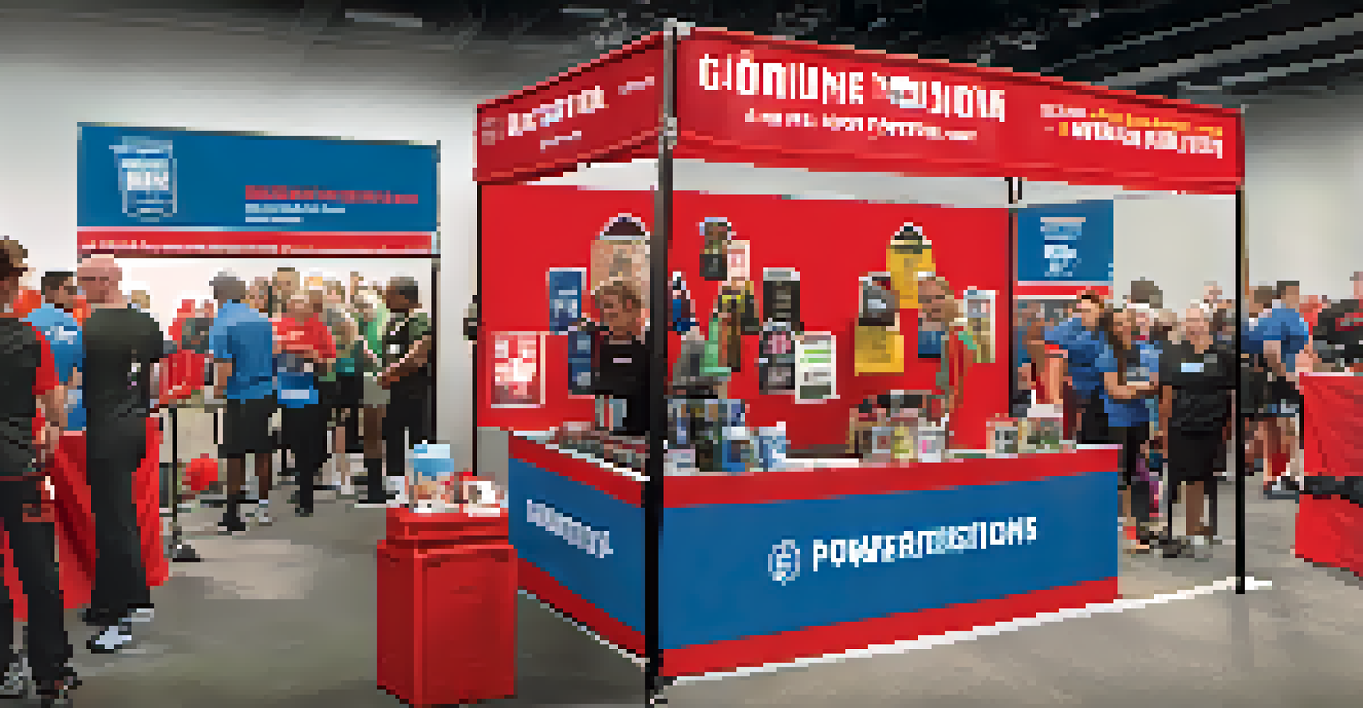 A donation booth at a powerlifting competition with volunteers and promotional materials.