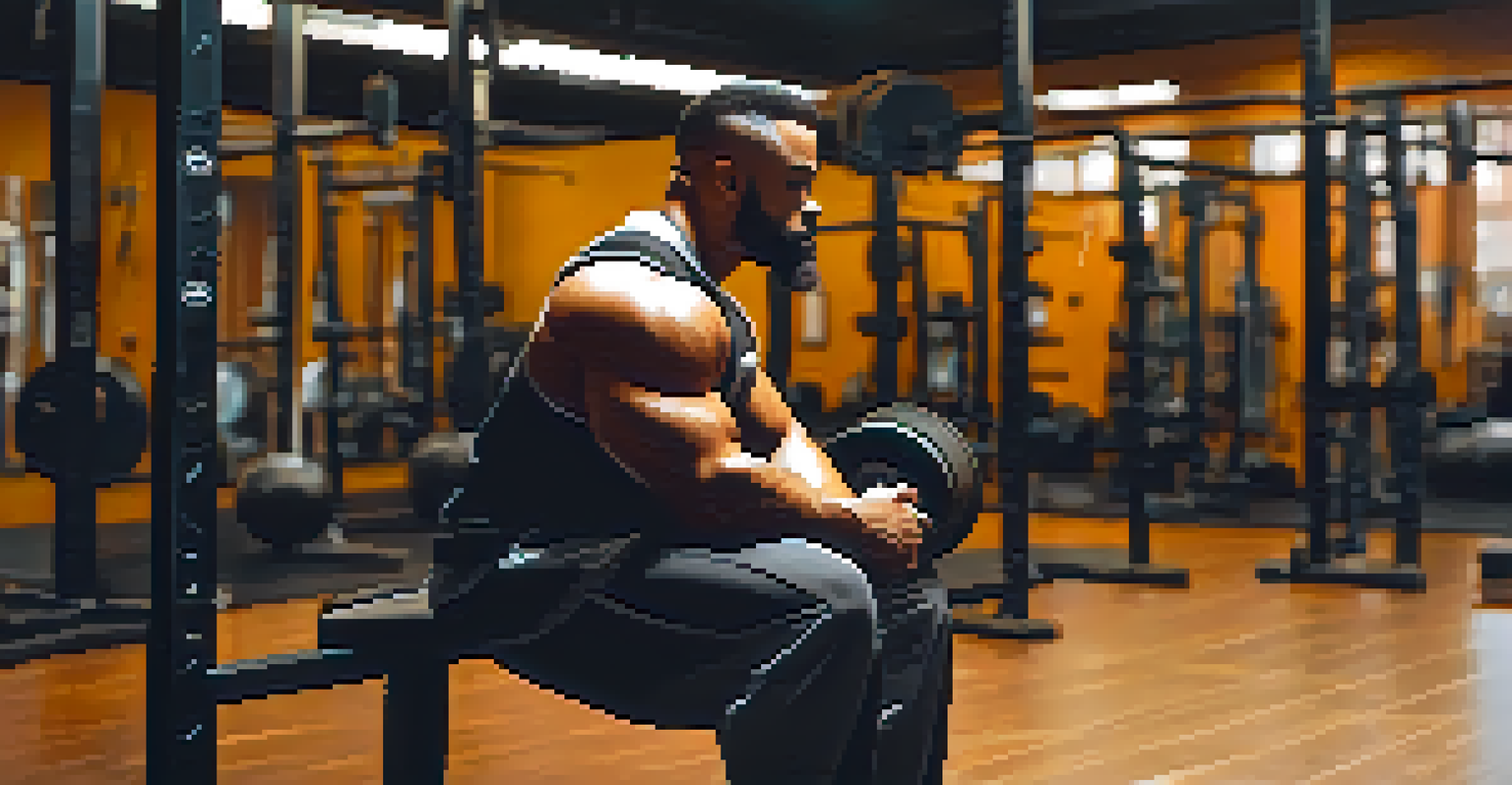 A powerlifter sitting on a bench, mentally preparing with a notebook in a dimly lit gym.