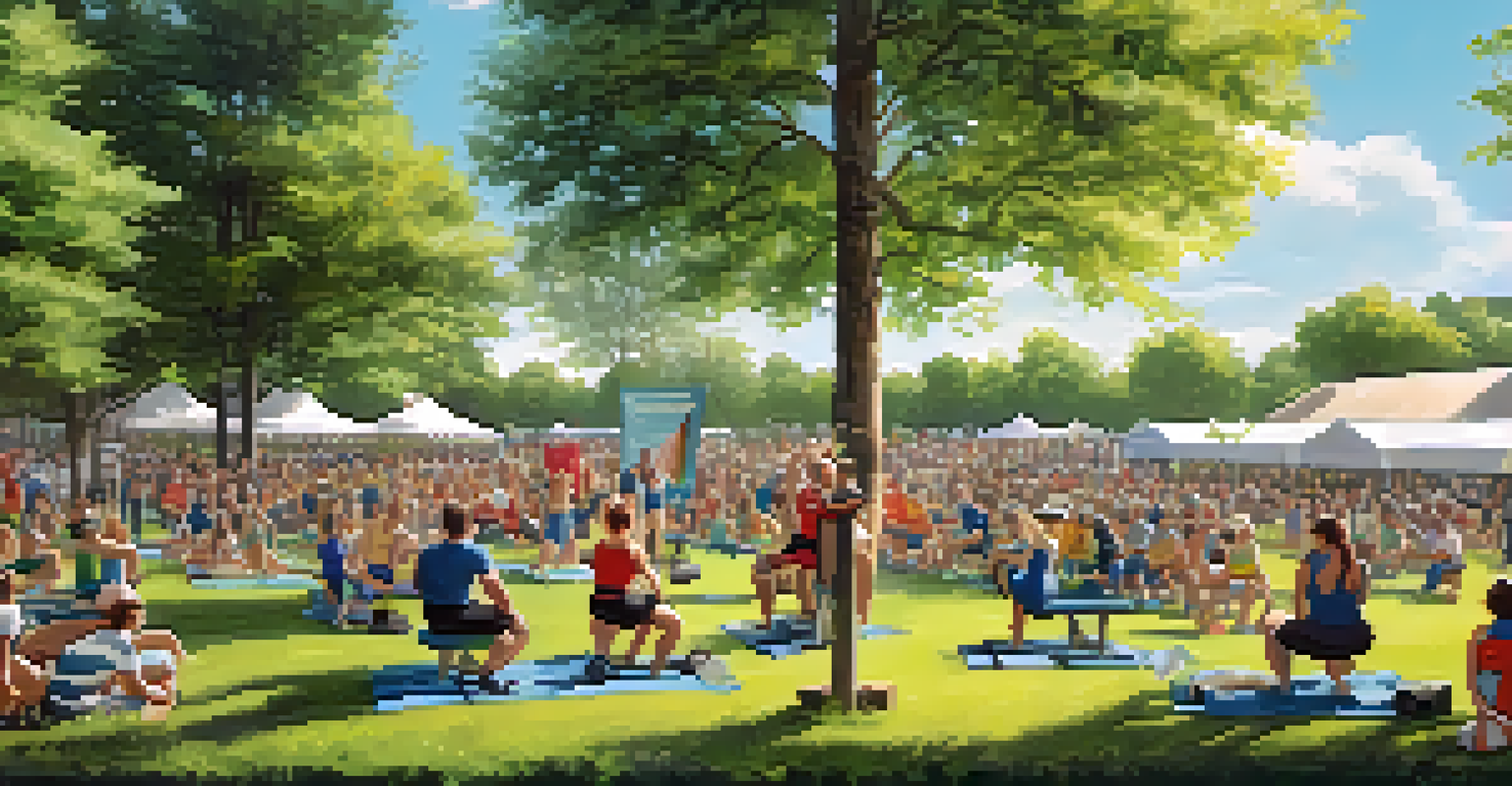An outdoor powerlifting competition in a park with athletes lifting weights, surrounded by greenery and banners promoting sustainability.