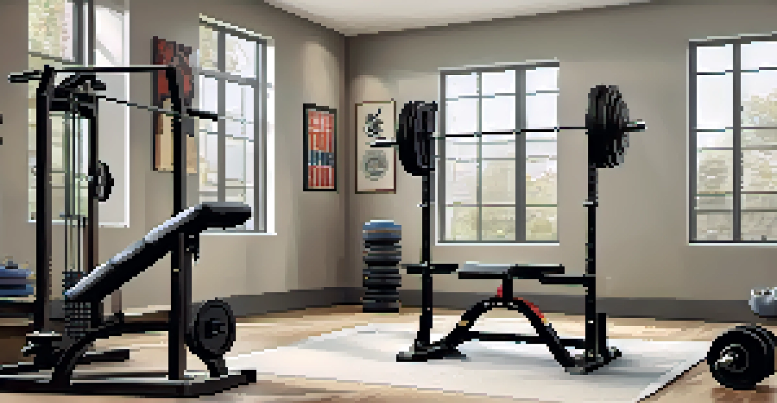 A clean and organized home gym with powerlifting equipment, showcasing barbells on a rack and a bench press in a bright space with natural light.