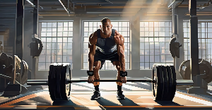 A muscular person lifting a trap bar in a bright gym, surrounded by fitness equipment and sunlight.