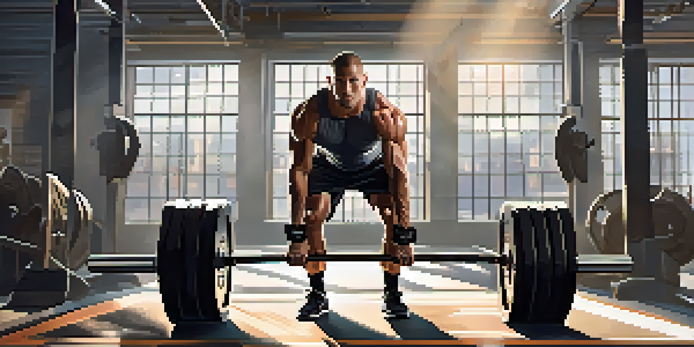 A muscular person lifting a trap bar in a bright gym, surrounded by fitness equipment and sunlight.