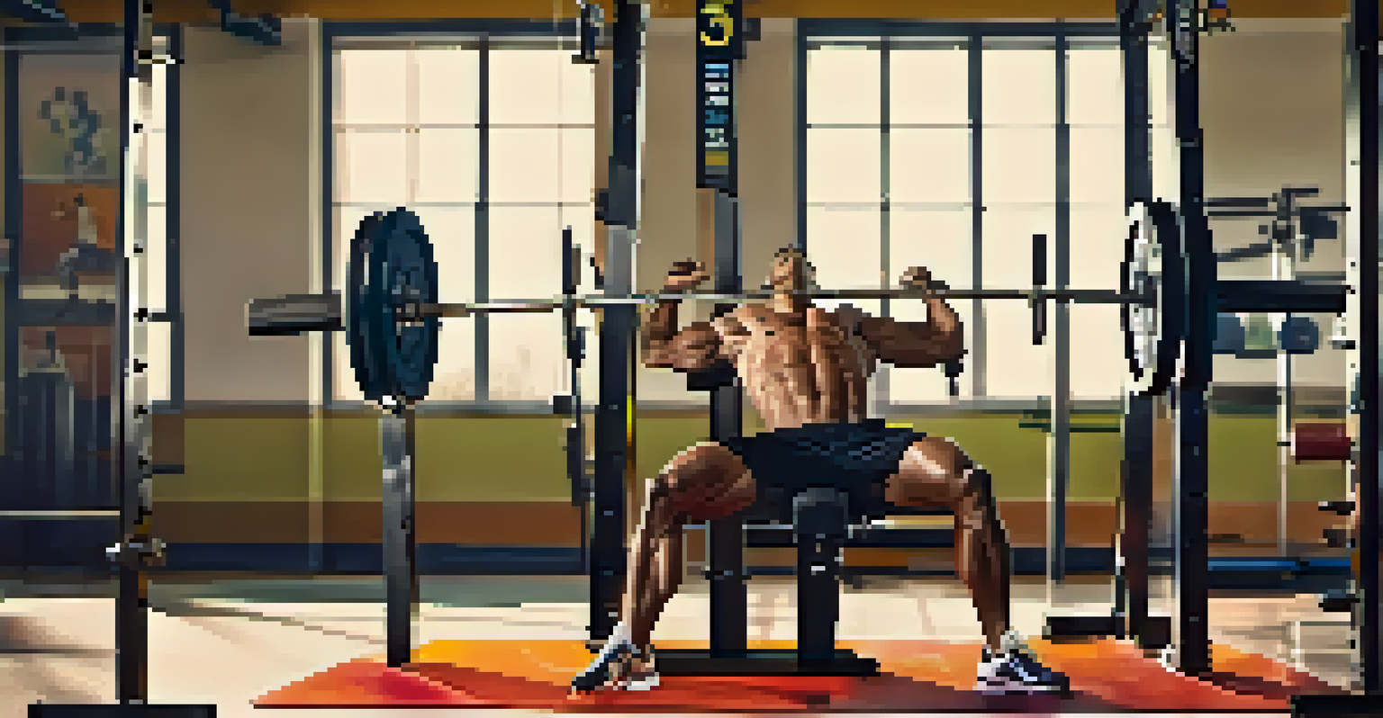 An athlete performing an incline bench press in a well-equipped gym, surrounded by weightlifting equipment and motivational posters.
