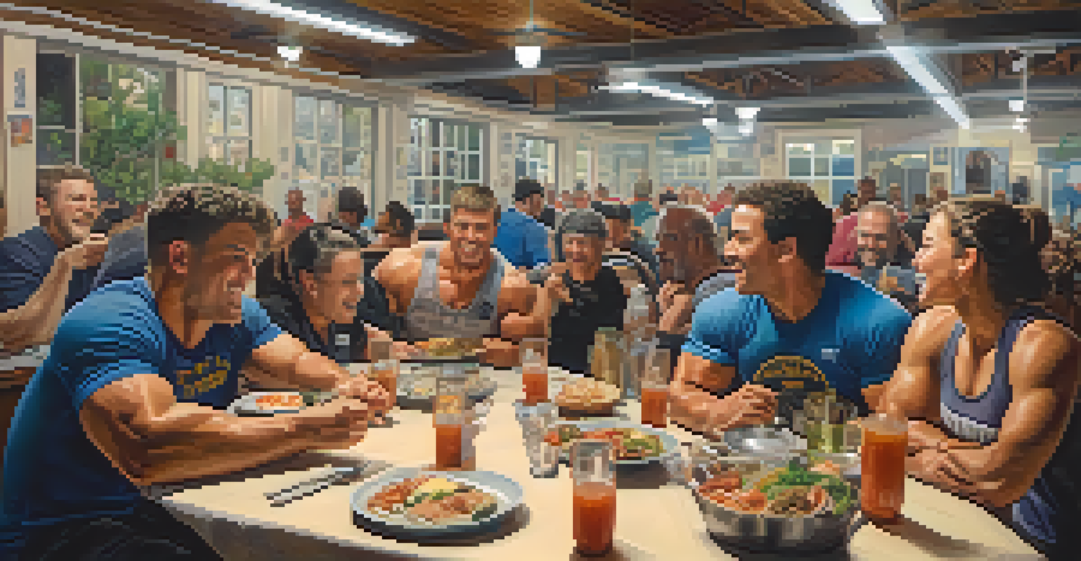 A community gathering of powerlifters sharing food and laughter in a cozy setting, with a table of homemade dishes and framed event photographs on the walls.