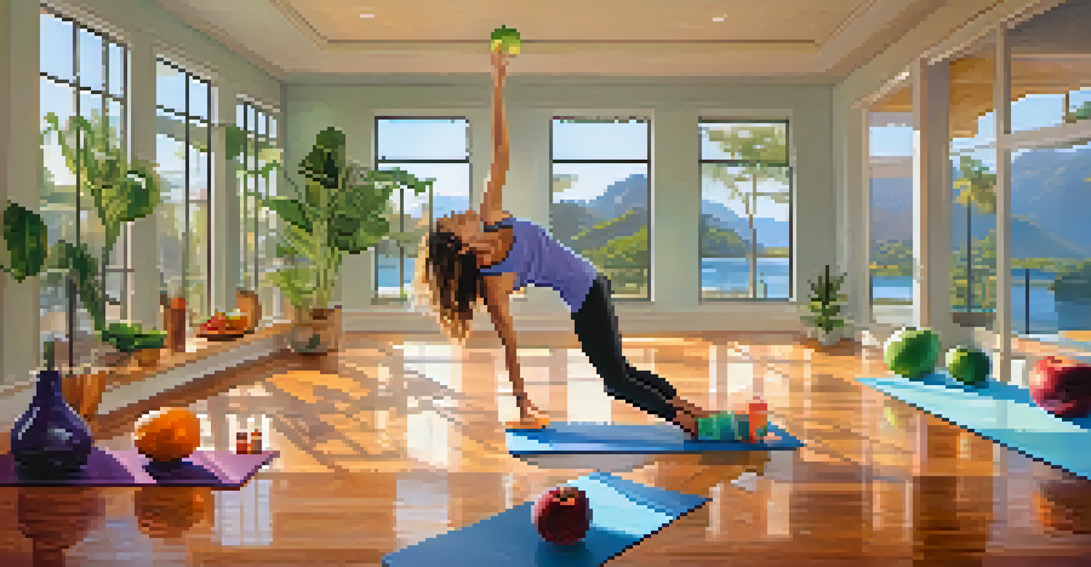 A yoga enthusiast practicing in a studio, with a fruit-infused water bottle beside them, illuminated by natural light.