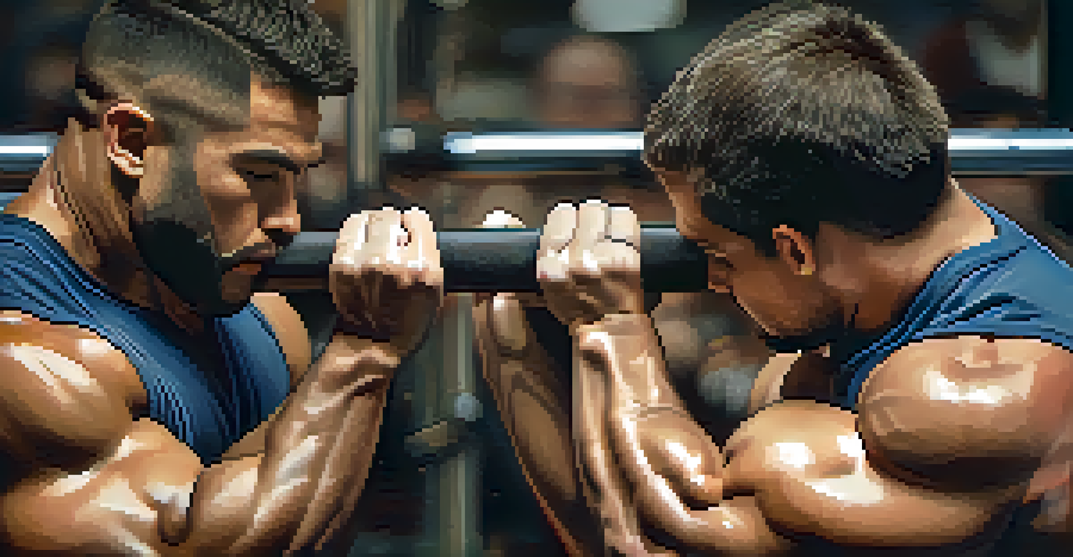 Two friends sharing tips and techniques during a powerlifting session, focusing on their hands demonstrating proper grip on a barbell.