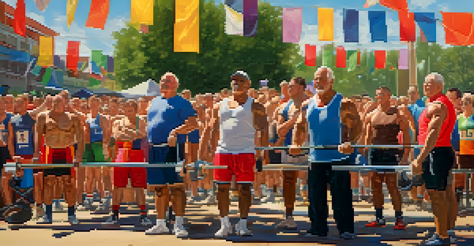 Older athletes competing in an outdoor powerlifting event, with spectators cheering and bright banners in the background.