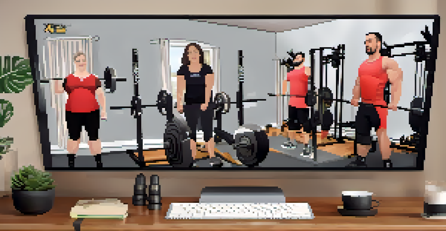 A computer screen showing a virtual meeting of powerlifters sharing tips and progress in a home setting.