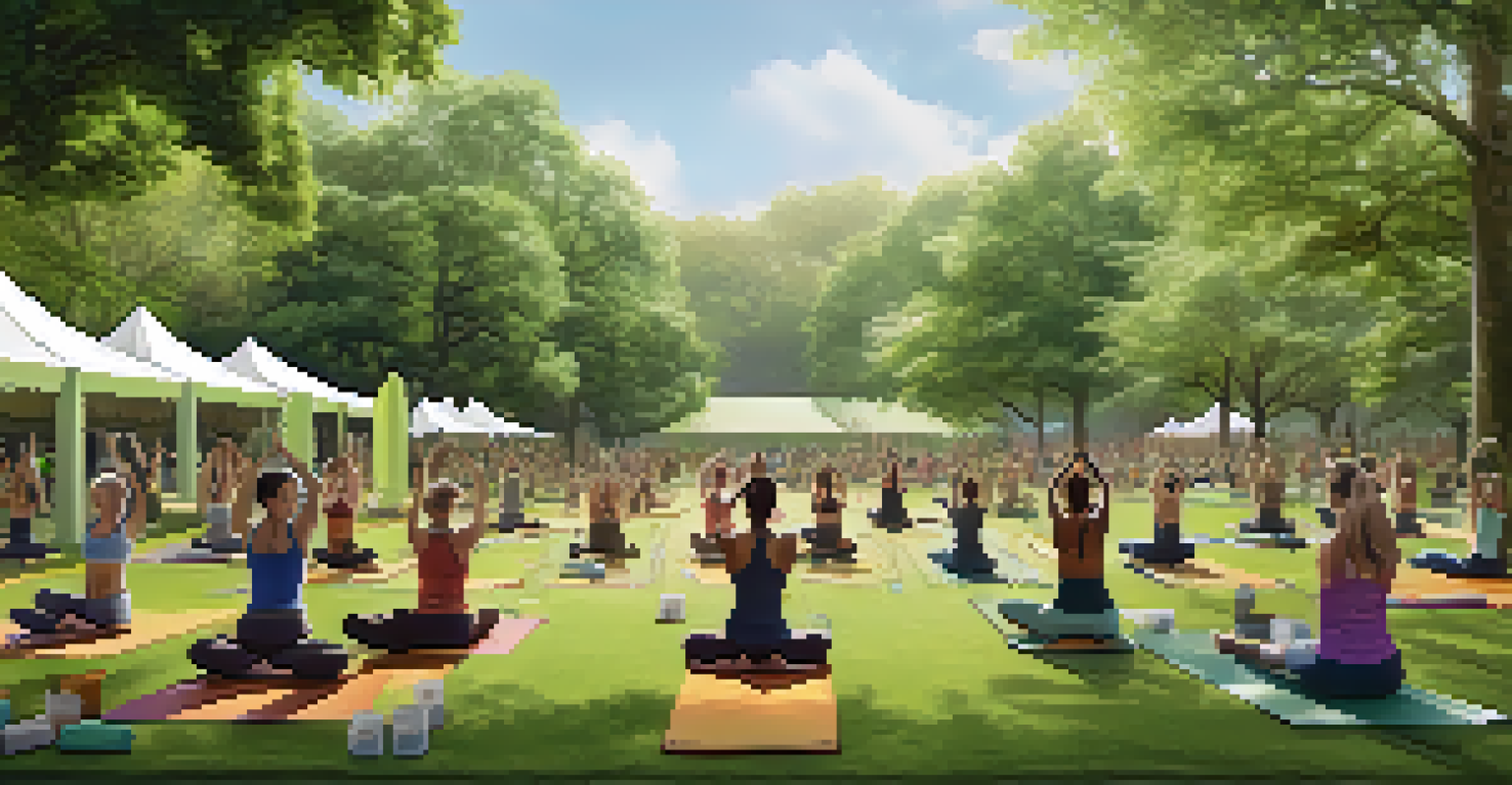 A diverse group of people participating in an outdoor yoga class in a park, surrounded by trees and eco-friendly elements.