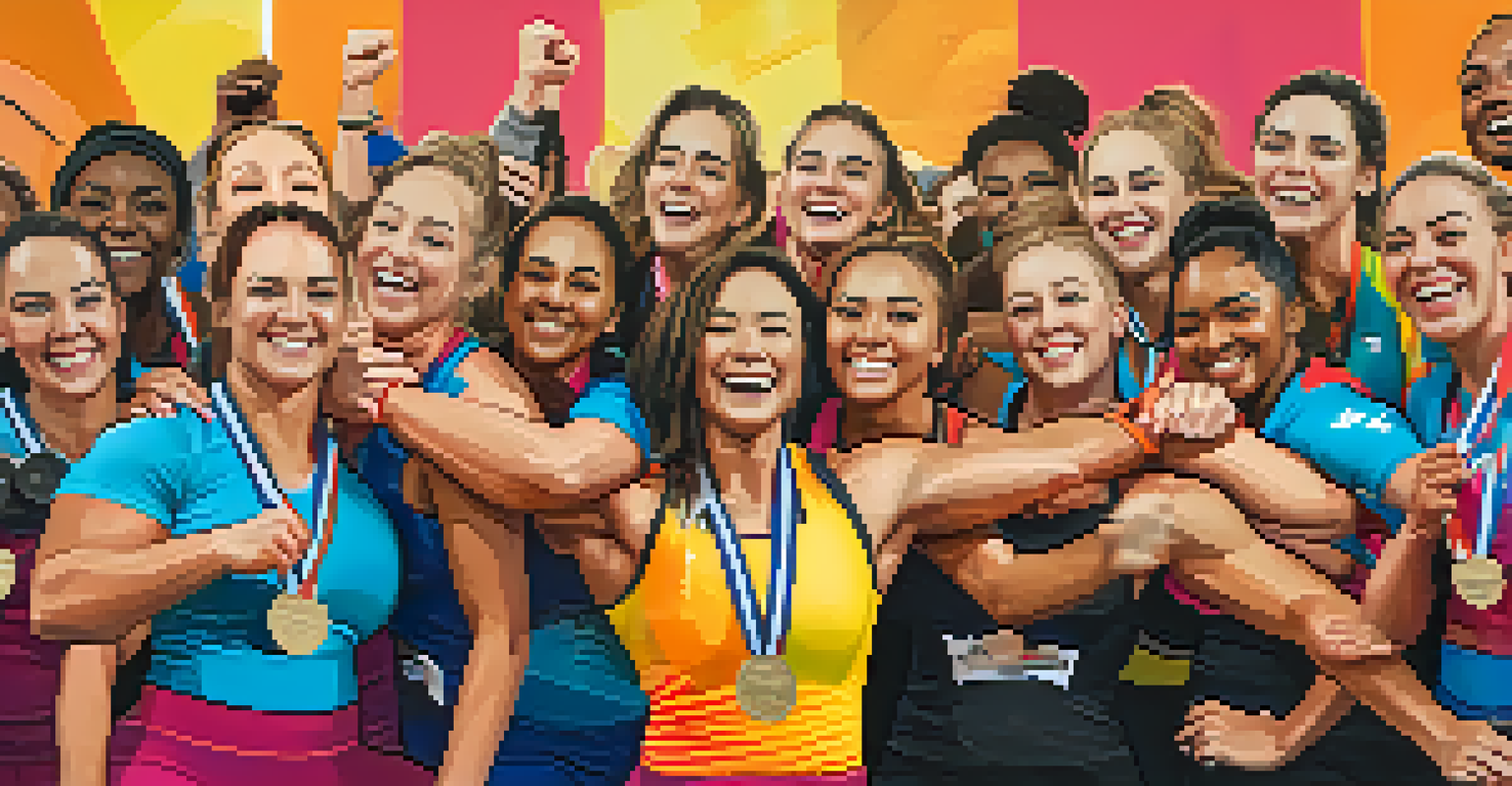 A joyful group of female powerlifters celebrating their achievements after a competition, showing camaraderie and happiness as they hold medals.