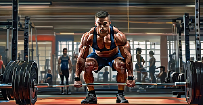 A muscular athlete in a gym performing a deadlift with weights, surrounded by training equipment.