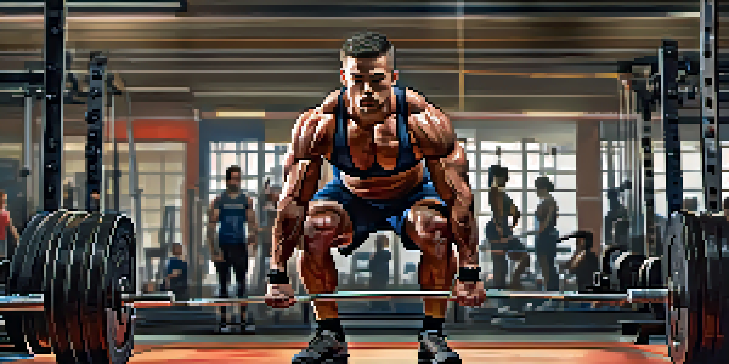 A muscular athlete in a gym performing a deadlift with weights, surrounded by training equipment.