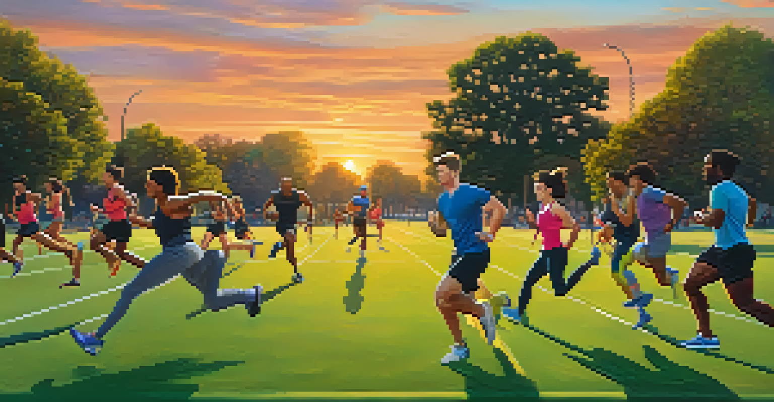 Athletes participating in HIIT exercises outdoors at sunset, showcasing different movements like sprinting and jumping jacks.