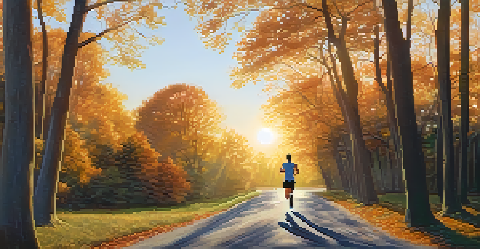A person jogging on a path surrounded by autumn trees at sunset, representing endurance training.