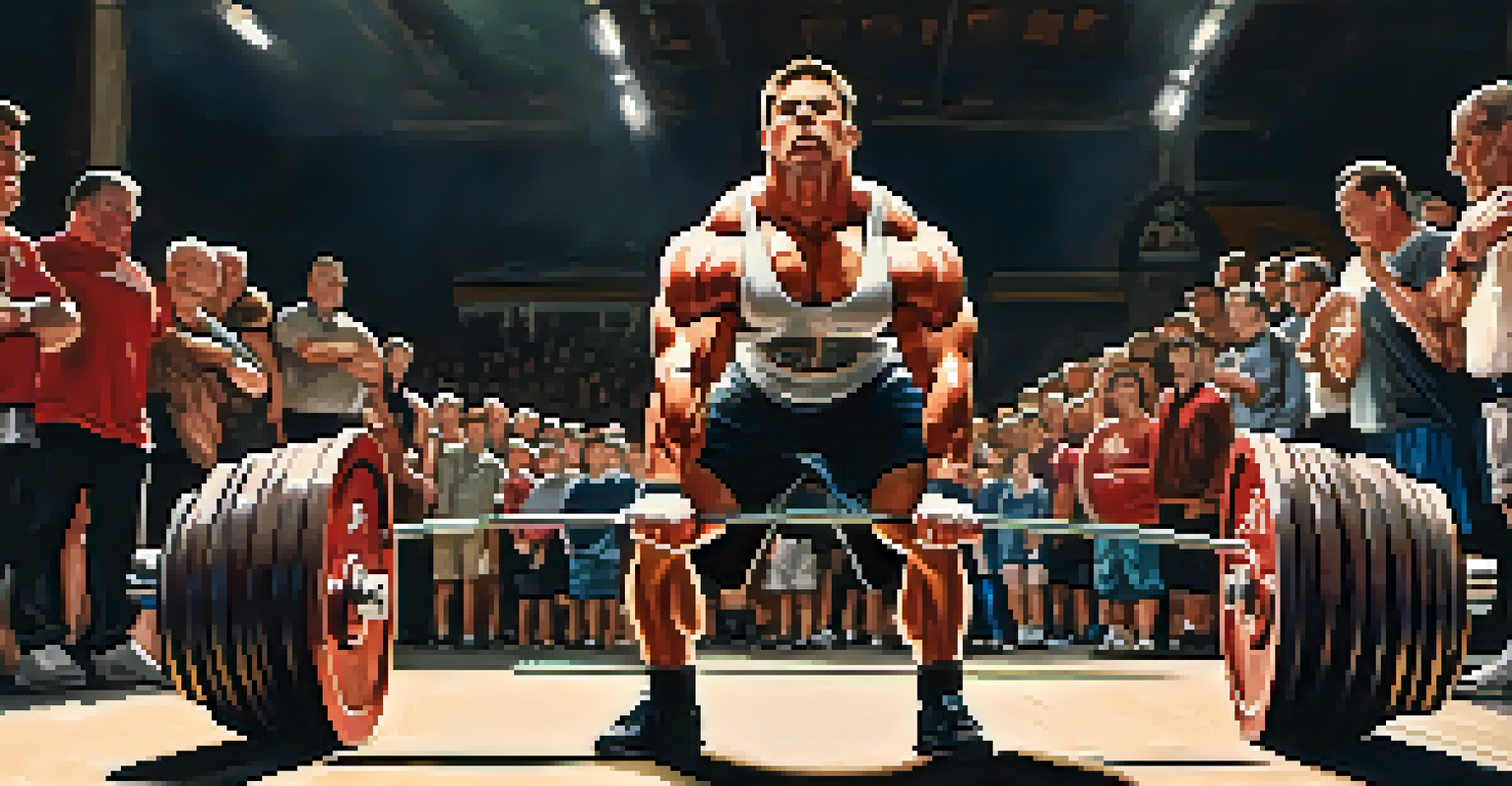 An athlete lifting a heavy deadlift during a powerlifting competition, surrounded by cheering spectators, with dramatic lighting highlighting their effort.