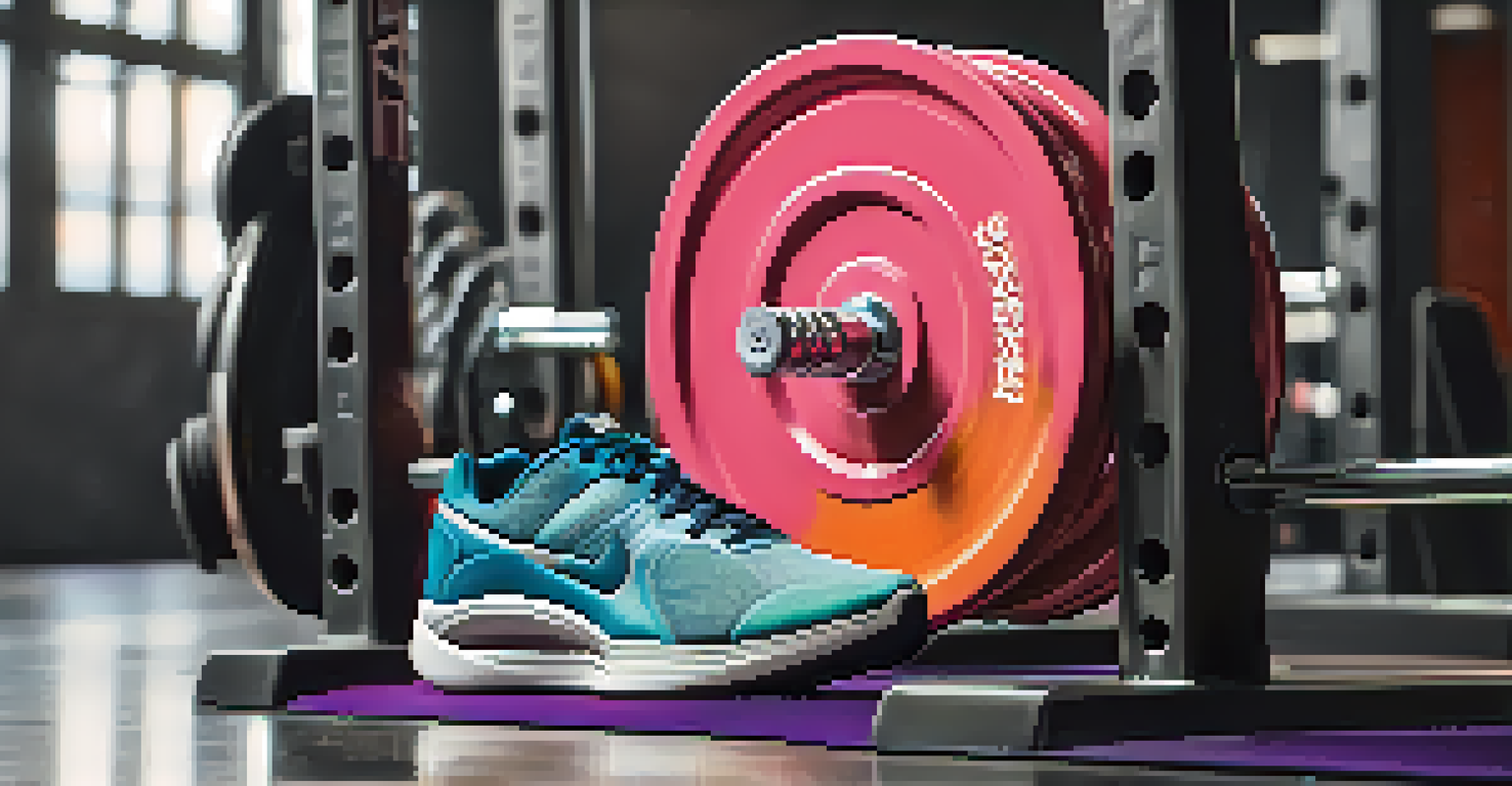 A close-up of a weight plate and colorful sneakers beside a squat rack, showcasing a modern gym ambiance.