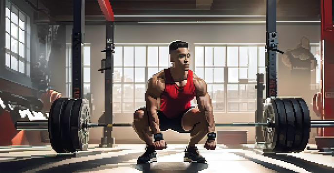 A powerlifter in a gym performing a squat with proper form, surrounded by gym equipment and natural light.