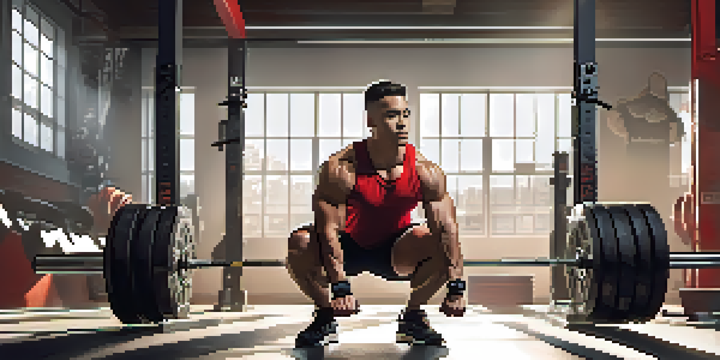 A powerlifter in a gym performing a squat with proper form, surrounded by gym equipment and natural light.