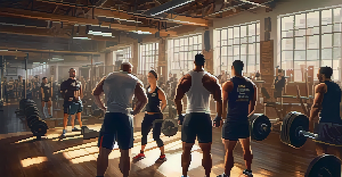 A diverse group of powerlifters supporting a friend in a local gym, with sunlight streaming through the windows and motivational posters on the walls.