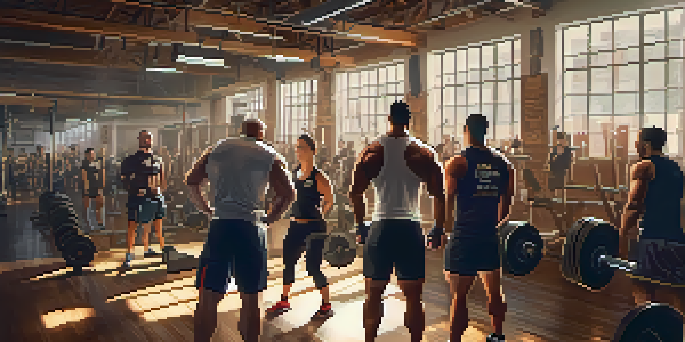 A diverse group of powerlifters supporting a friend in a local gym, with sunlight streaming through the windows and motivational posters on the walls.