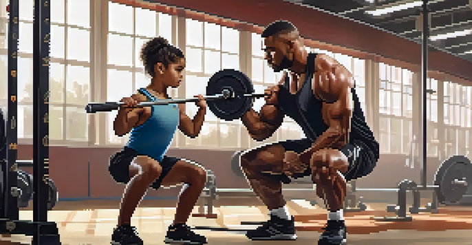 A powerlifting mentor demonstrating lifting techniques to a young athlete in a well-lit gym, surrounded by weights and equipment.