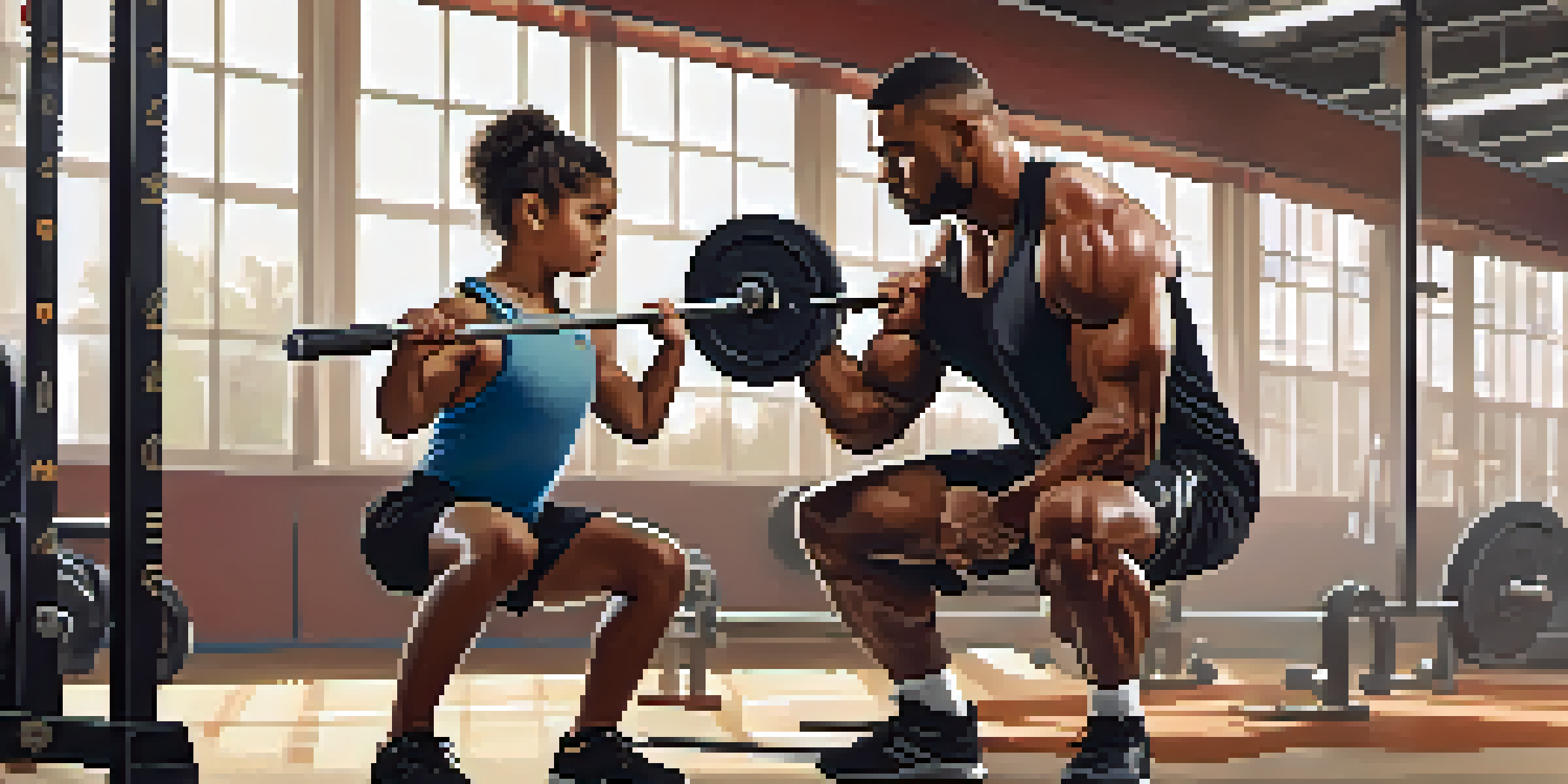 A powerlifting mentor demonstrating lifting techniques to a young athlete in a well-lit gym, surrounded by weights and equipment.