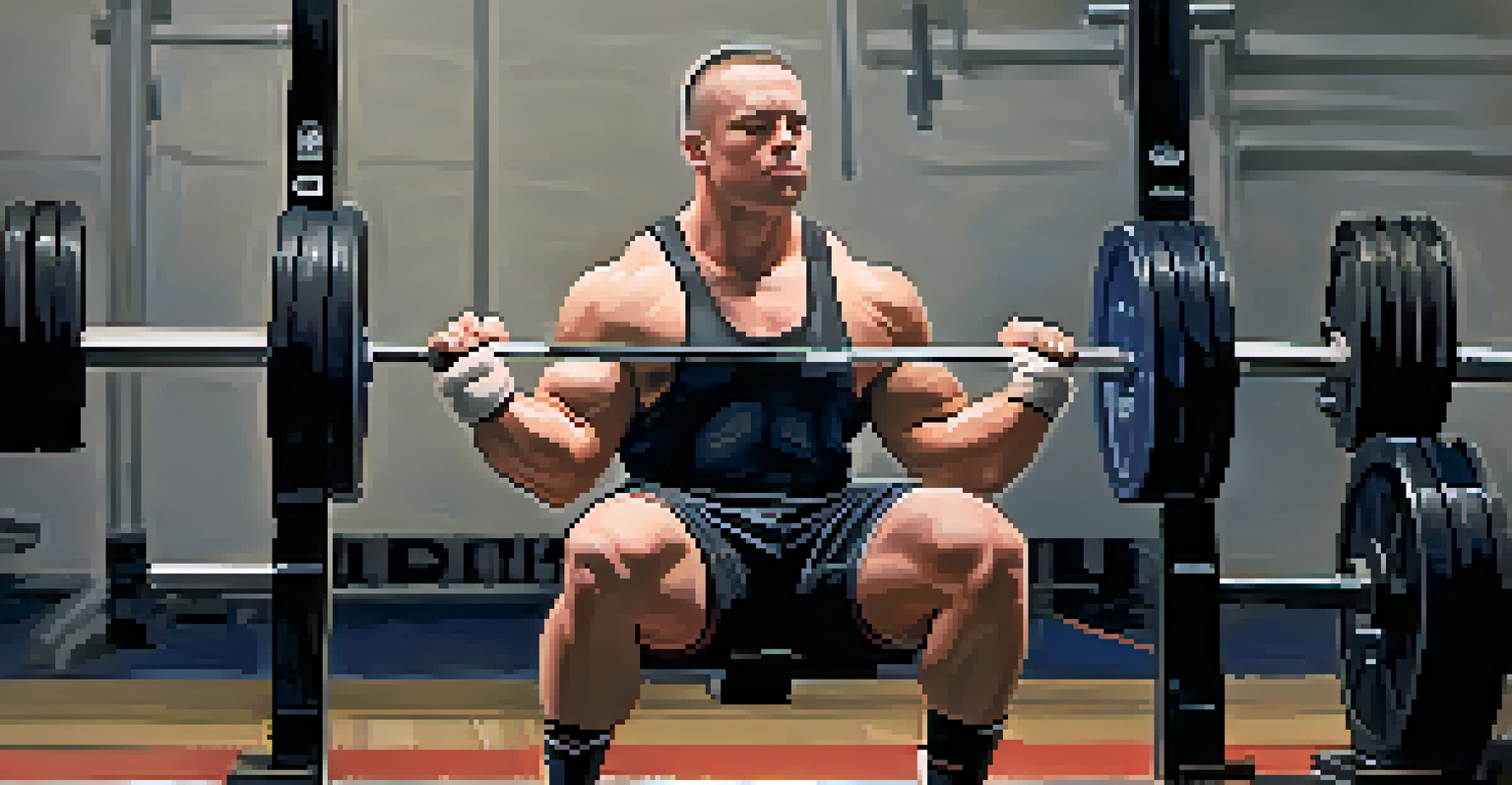 A powerlifter practicing mindfulness by sitting quietly with eyes closed, preparing mentally for a lift in a peaceful gym setting.