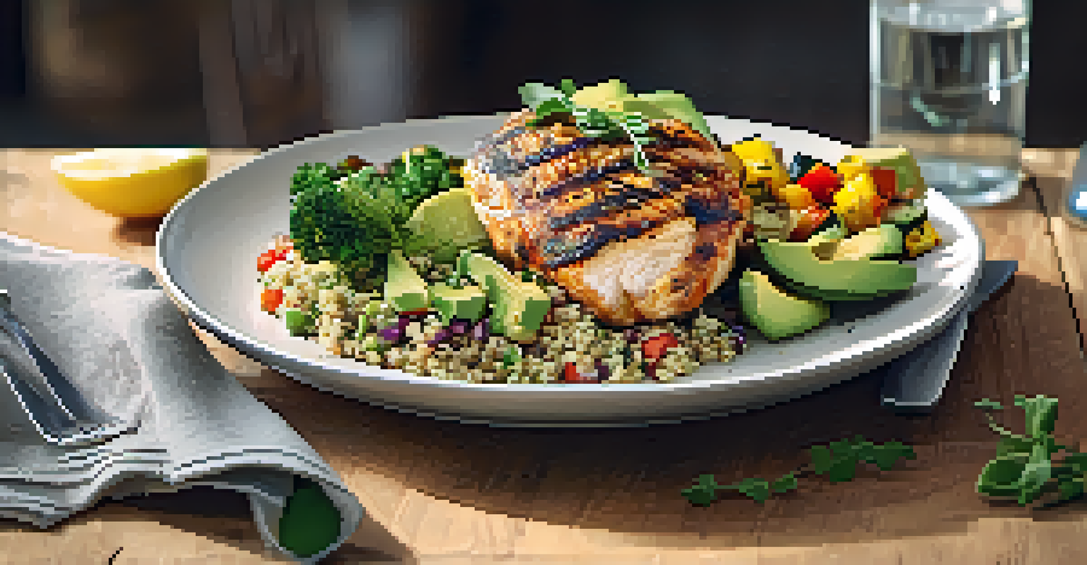 A nutritious post-workout meal with grilled chicken, quinoa, and vegetables on a wooden table, accompanied by a glass of water.