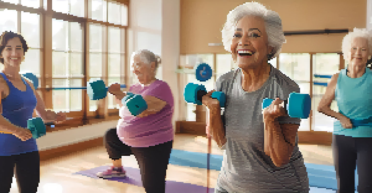 An elderly woman lifting weights in a fitness class with other seniors, in a bright, welcoming gym space.