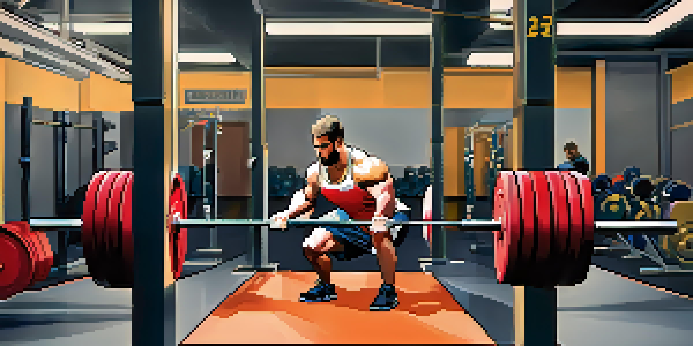 A powerlifter in the squat position with proper gear and a spotter in a bright gym.