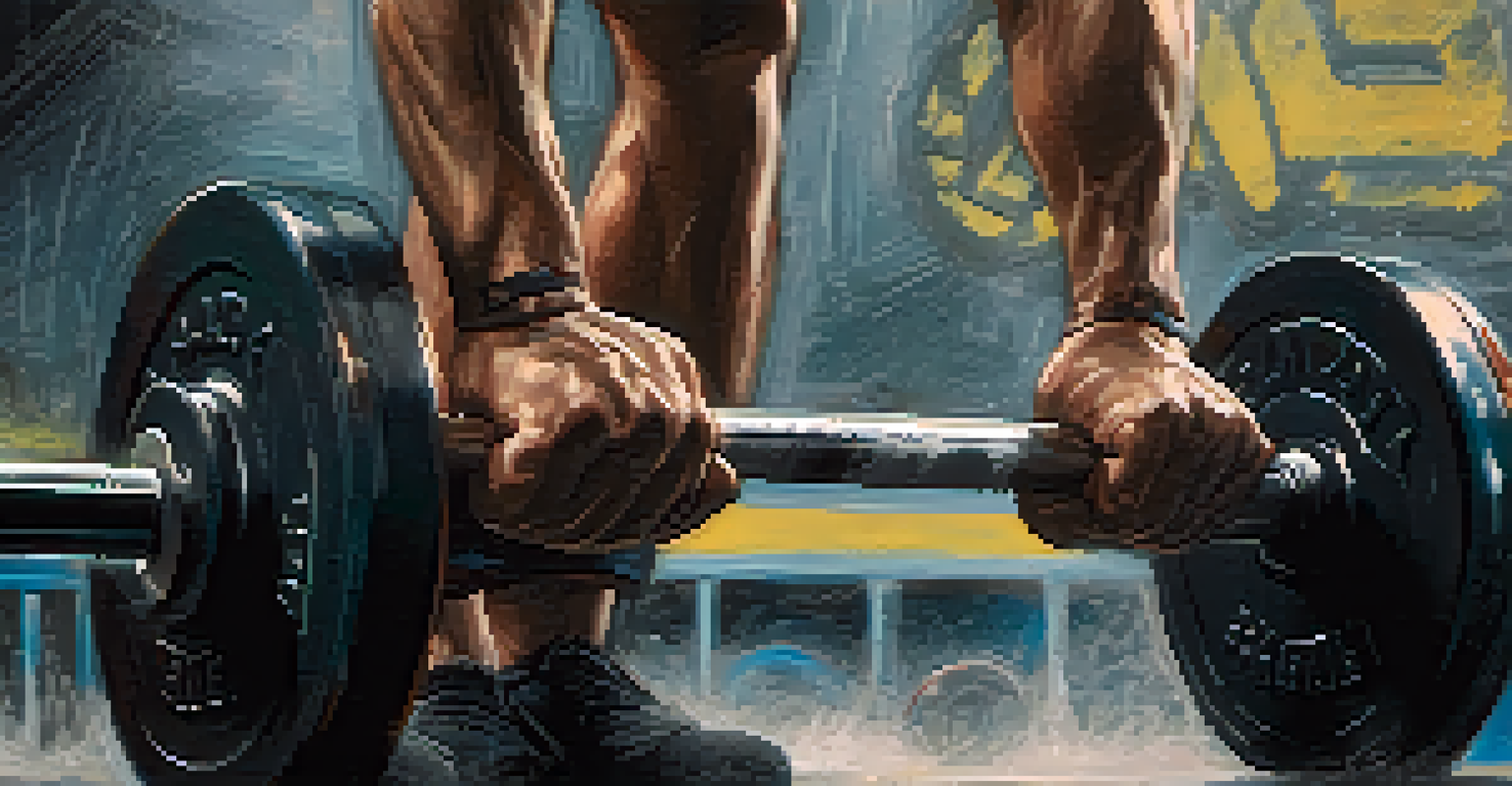 Close-up of chalked hands gripping a heavily loaded barbell in a gym.