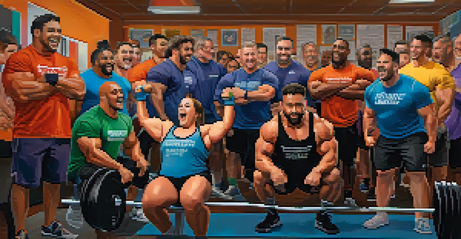 A diverse group of powerlifters cheering and supporting a teammate during a lift in a colorful gym setting.
