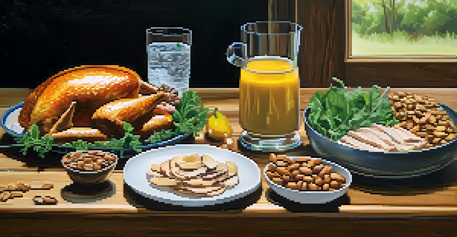 A healthy meal with nuts, seeds, turkey slices, and leafy greens displayed on a rustic wooden table.