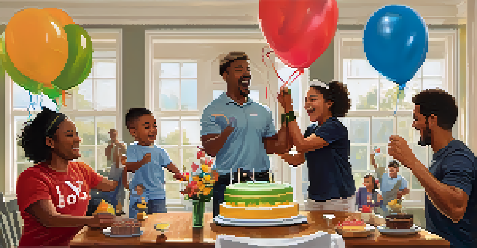 A person holding a powerlifting trophy while surrounded by family members celebrating with smiles, balloons, and a cake.