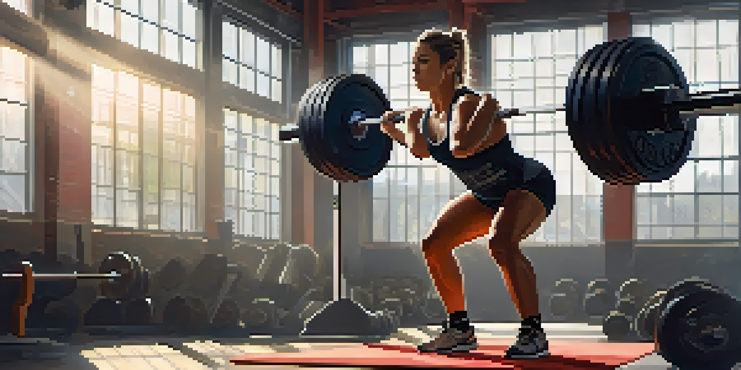 A powerlifting athlete performing a squat in a bright gym, showcasing determination and strength.