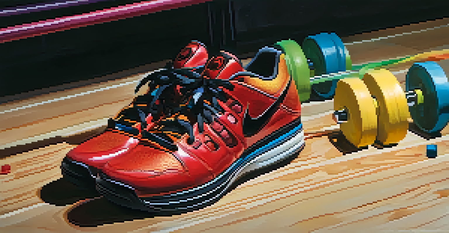 Freshly cleaned powerlifting shoes displayed on a gym floor with insoles and laces arranged beside them.