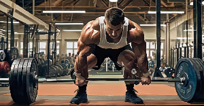 A powerlifter performing a deadlift in a bright gym, demonstrating technique with weights around them.