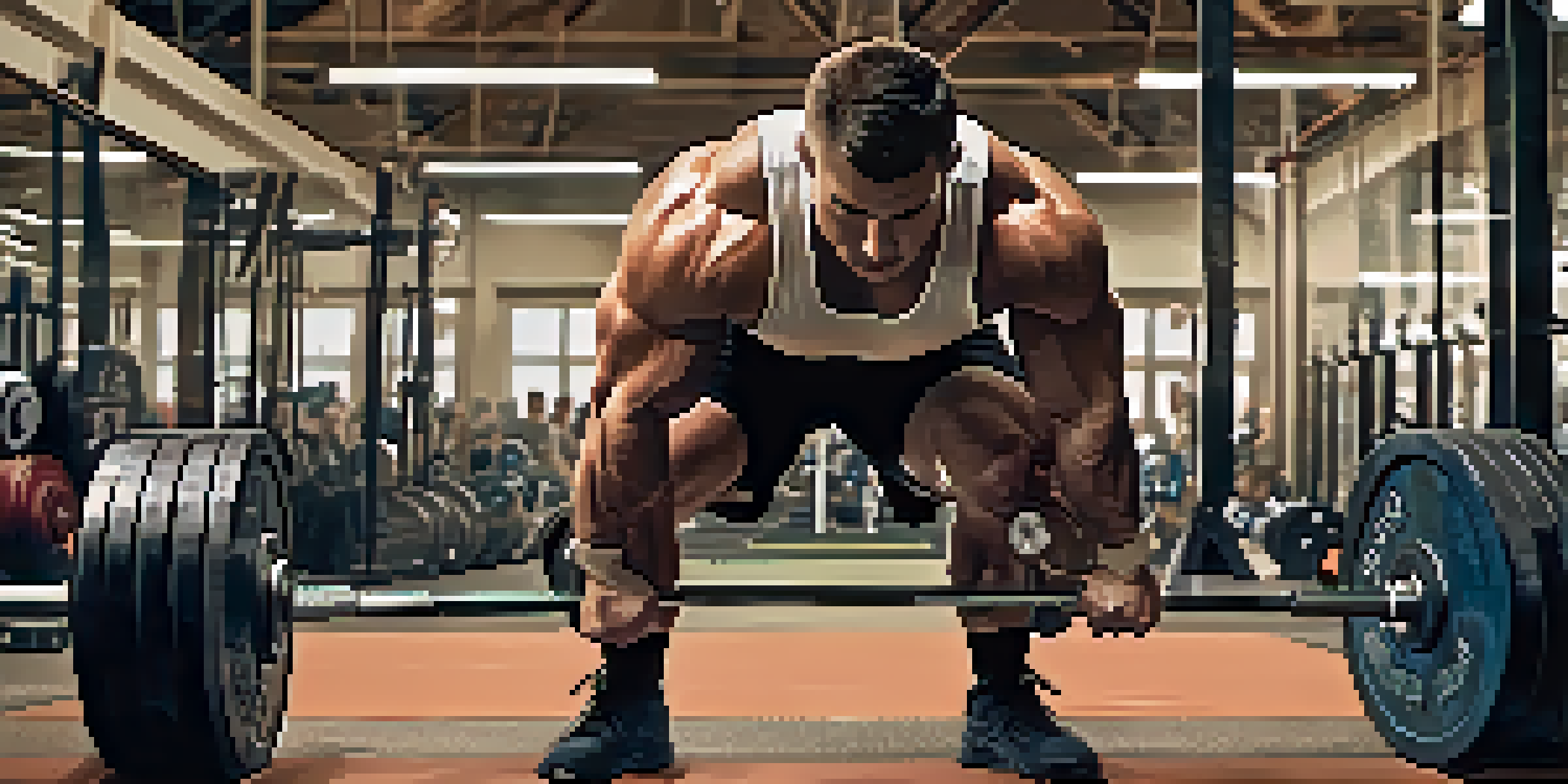A powerlifter performing a deadlift in a bright gym, demonstrating technique with weights around them.