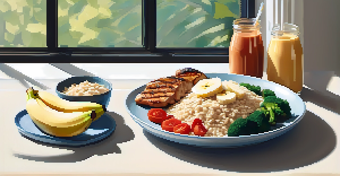 A kitchen countertop featuring a pre-workout meal with oatmeal, banana, protein smoothie, grilled chicken, brown rice, and vegetables in a well-lit setting.